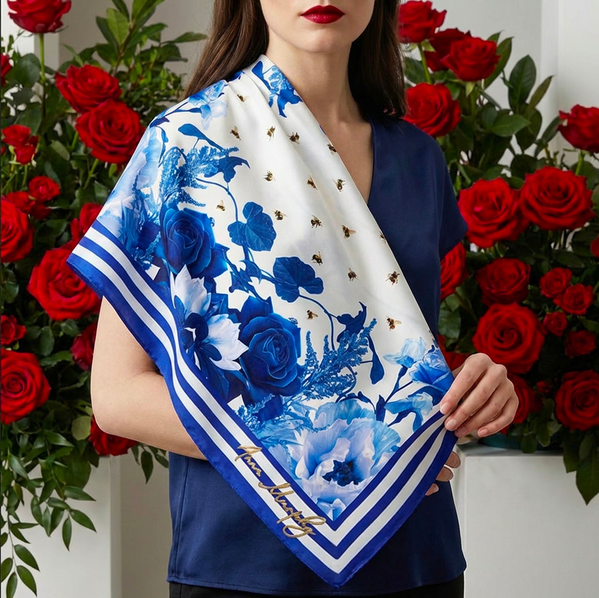 Blooming Blue Silk Scarf